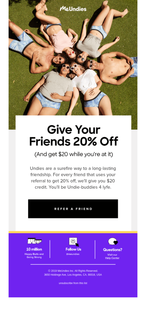 MeUndies Give Your Friends a Discount Referral Email Examples