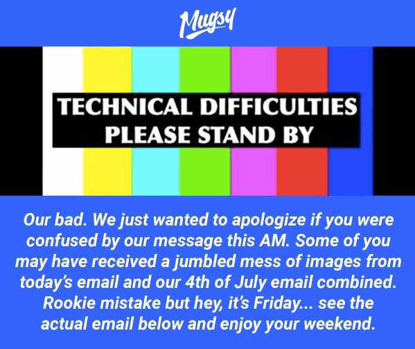 E-post om ursäkt för Mugsy