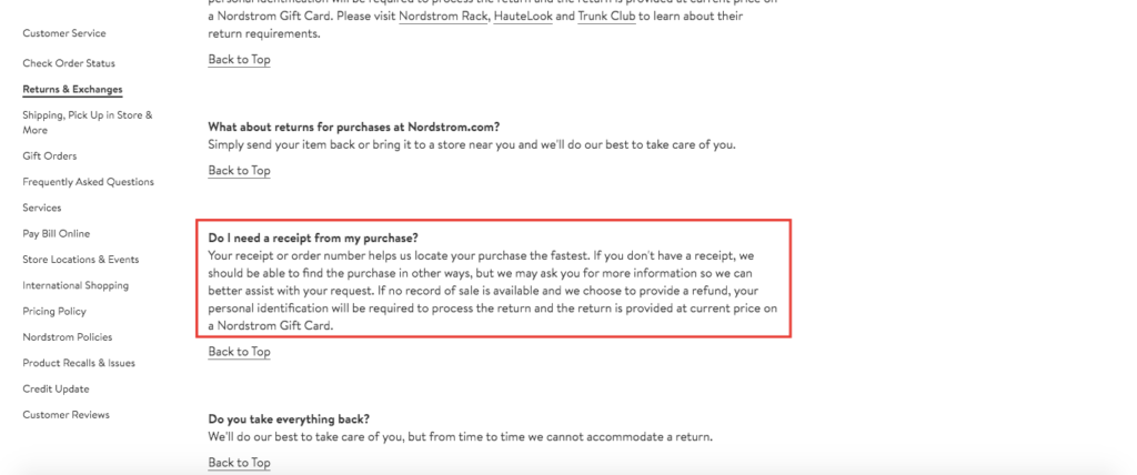 Nordstrom Receipt for Returns Policy