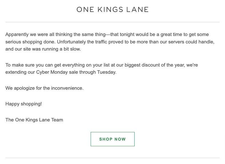 E-post om ursäkt från One Kings Lane