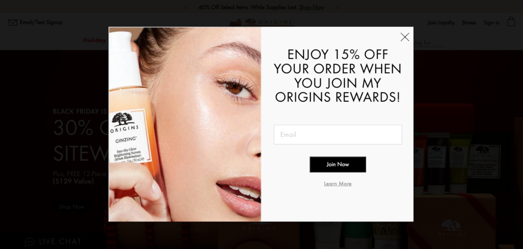 Origins Rewards Popup Call to Action (CTA) Examples