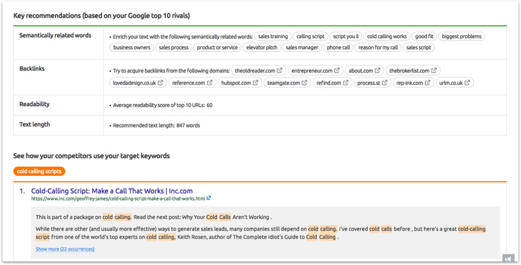 SEMRush Cold Calling Scripts Keyword Research Competitive Landscape Analysis