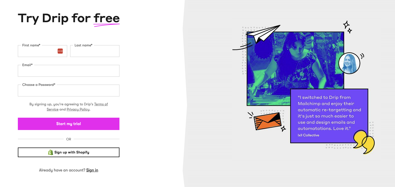 Drip free trial page