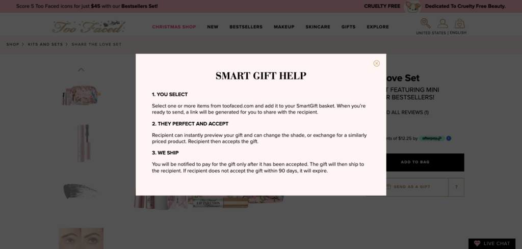 TooFaced Smart Gift Help Call to Action (CTA) Examples