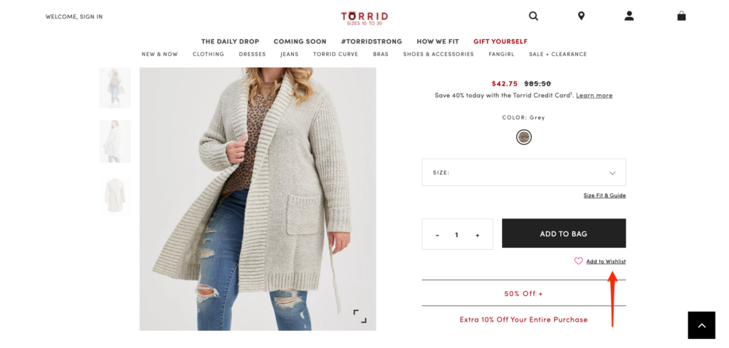 Torrid Add to Wishlist Call to Action (CTA) Examples