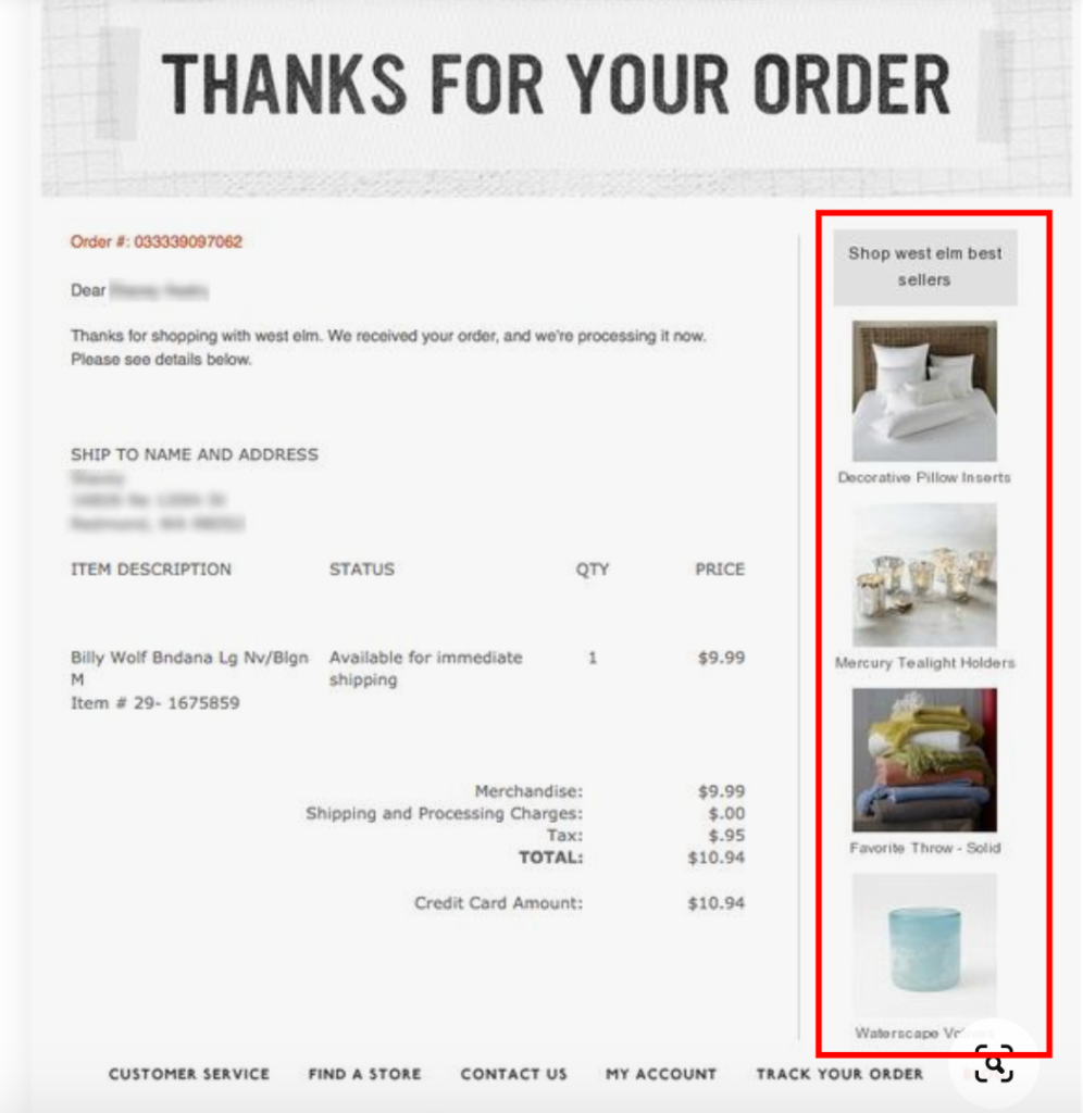 West Elm Order Confirmation Customer Lifetime Value for Ecommerce