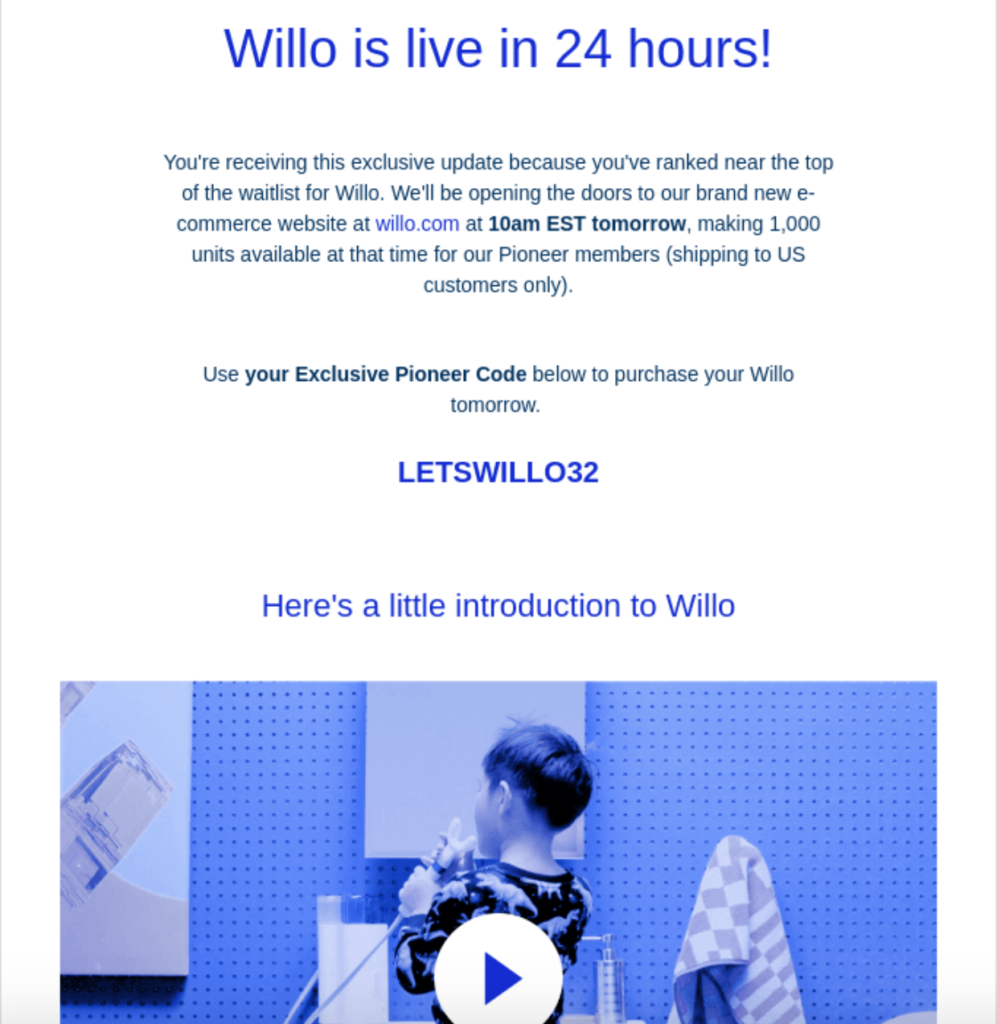 Willo Product Launch 24 hours Product Launch Email Example