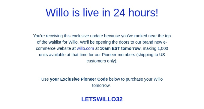 Willo Product Launch Copy Email Marketing for Ecommerce