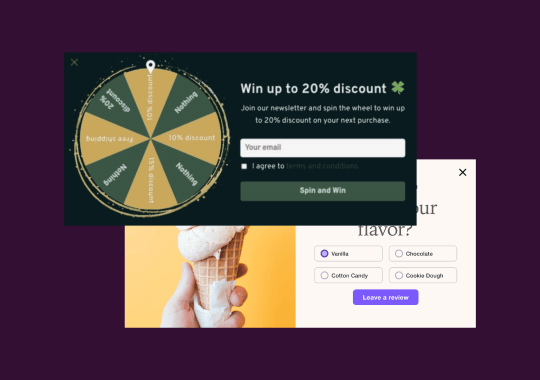 Onsite quizzes and spin-to-win popups.