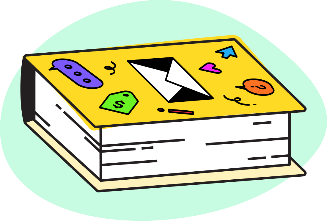 An illustration of a book on a colored background.