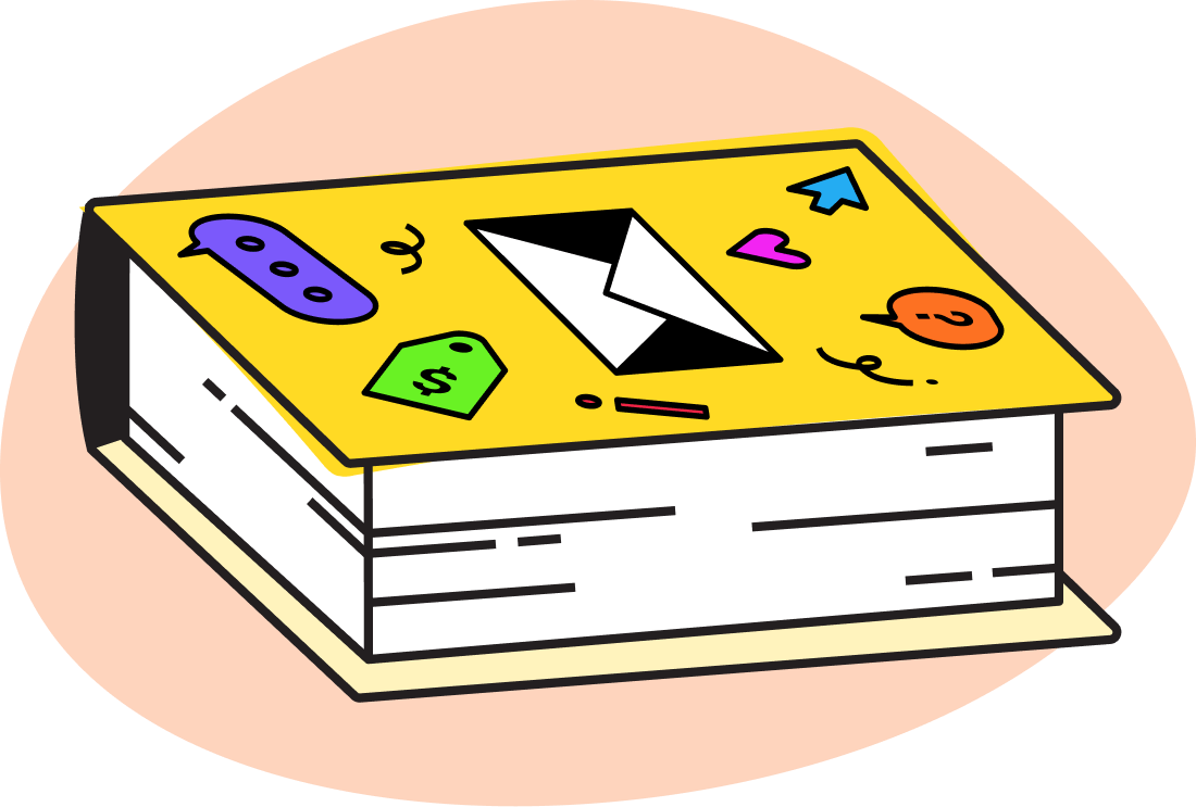 An illustration of a book on a colored background.