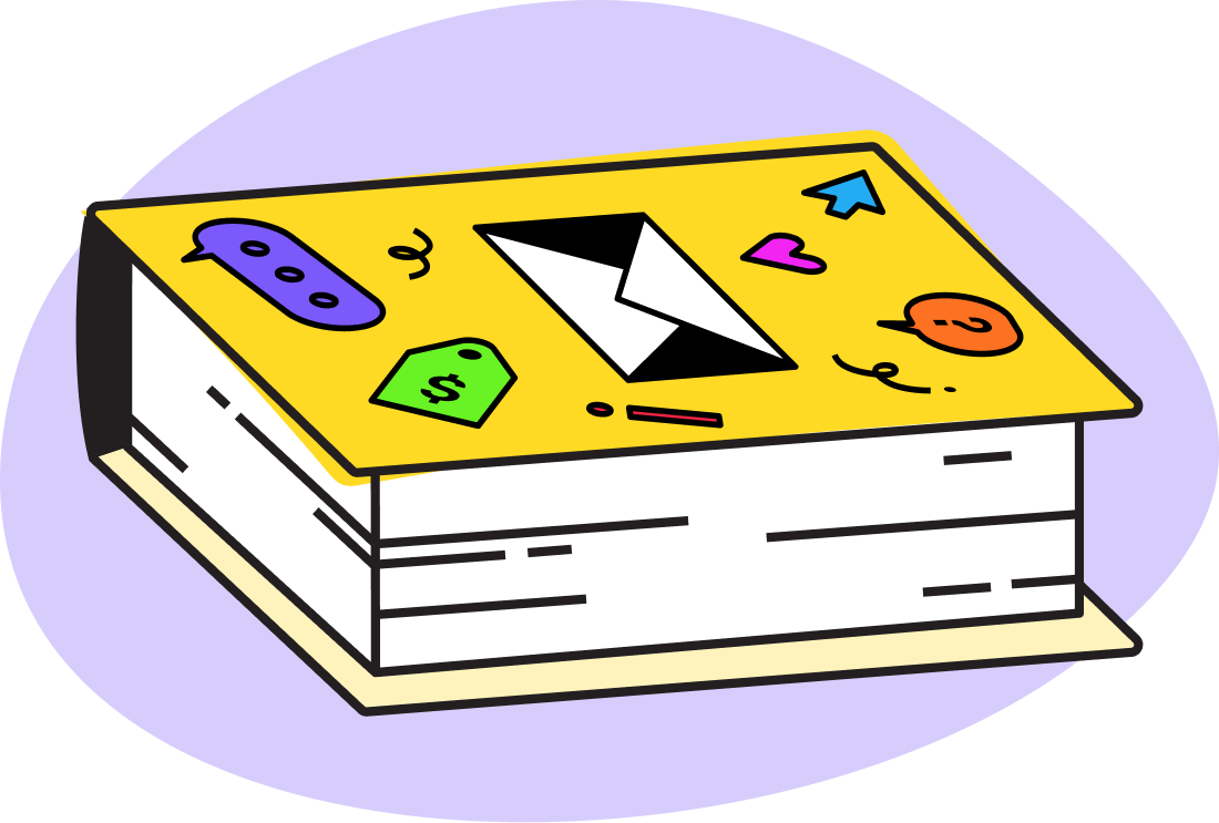 An illustration of a book on a colored background.