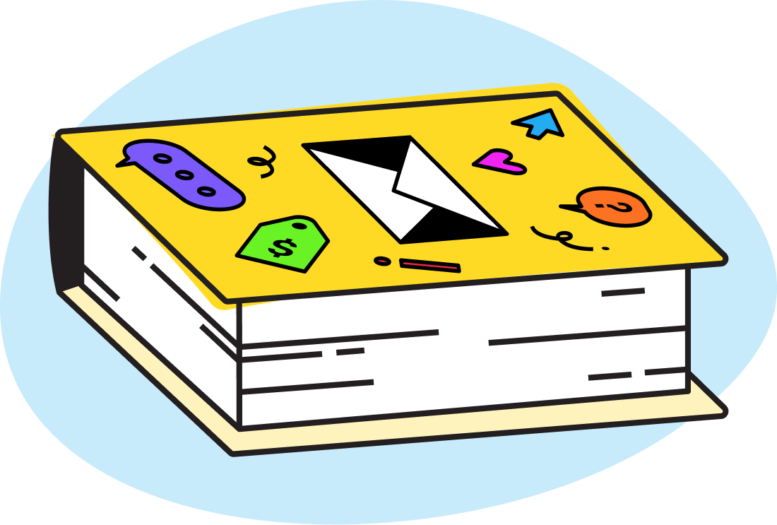 An illustration of a book on a colored background.
