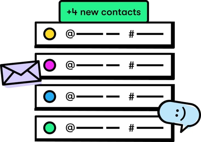 An illustration of an email list and a label '4 new contacts'.