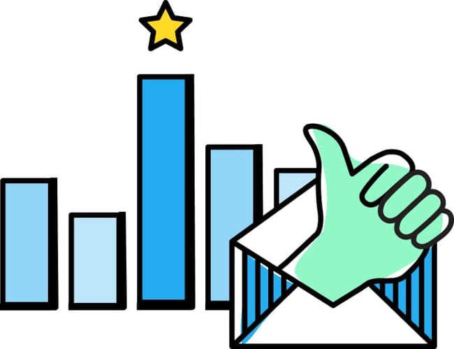 An illustration of a bar graph and a thumbs up.
