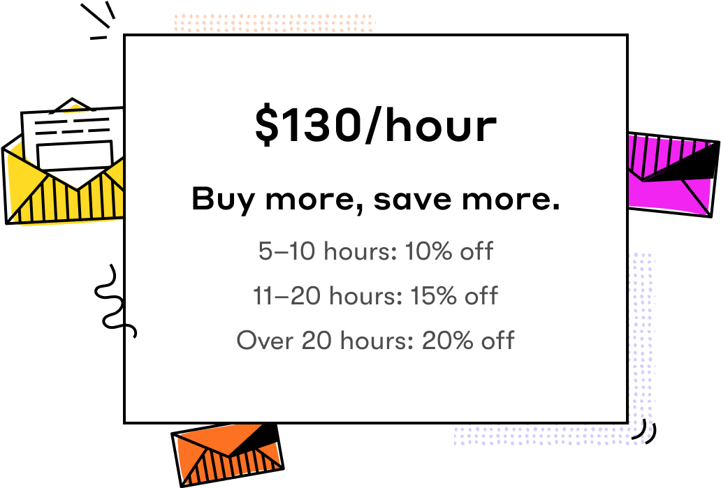 A graphic showing Drip's services pricing: $130 per hour; with a 10% discount for 5-10 hours, 15% discount for 11-20 hours, and a 20% discount for over 20 hours.