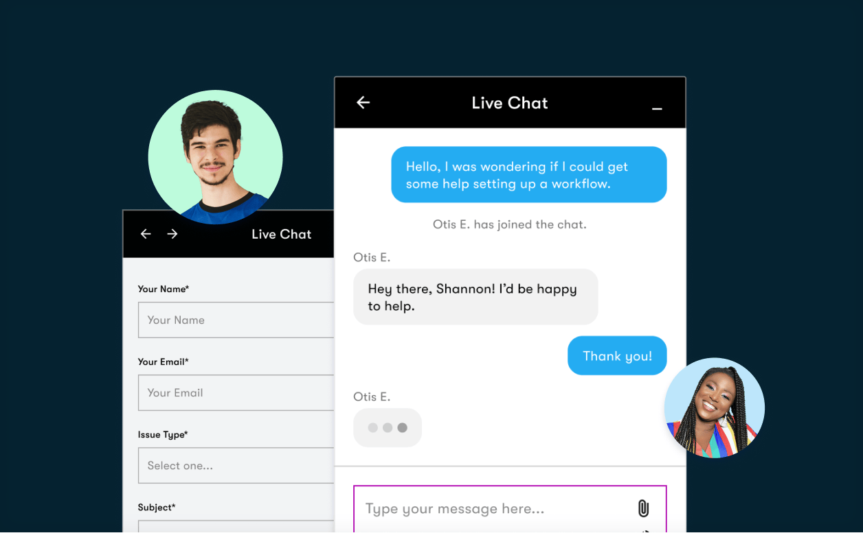 A chat window showing a customer receiving customer support. On both sides of the chat window are a man and woman smiling.