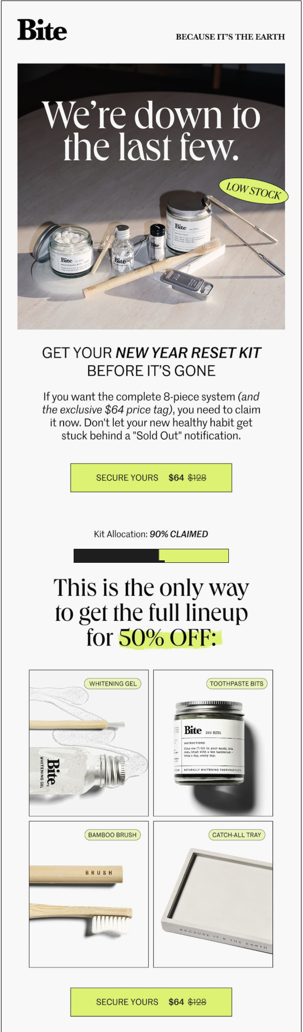 Bite last-chance email newsletter example with a progress bar showing 90% of kits claimed and low stock urgency