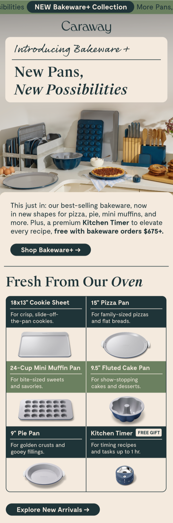 Caraway new arrivals email newsletter example showcasing their Bakeware+ collection in a clean product grid layout