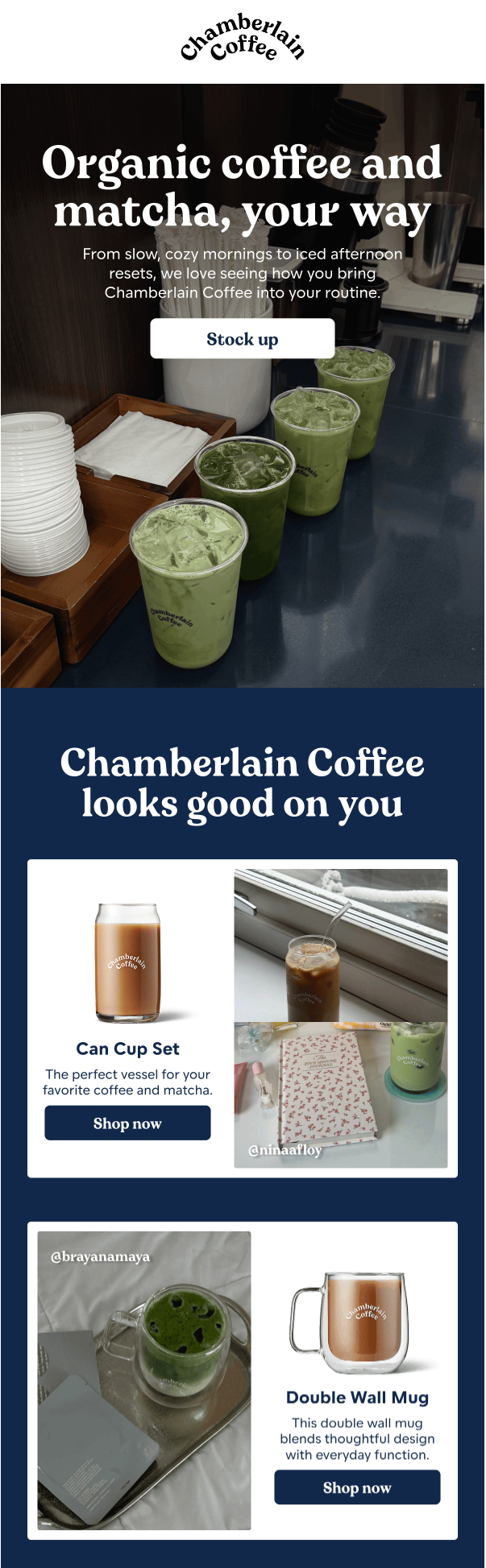 Chamberlain Coffee UGC email newsletter example pairing real customer photos with product shop links