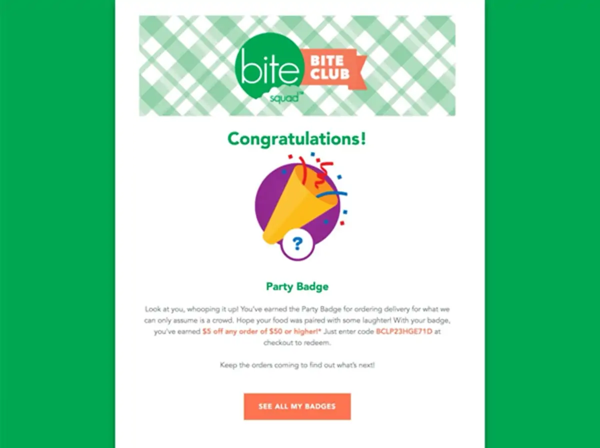 A screenshot of Bite Squad's gamified badges that they send out in emails.