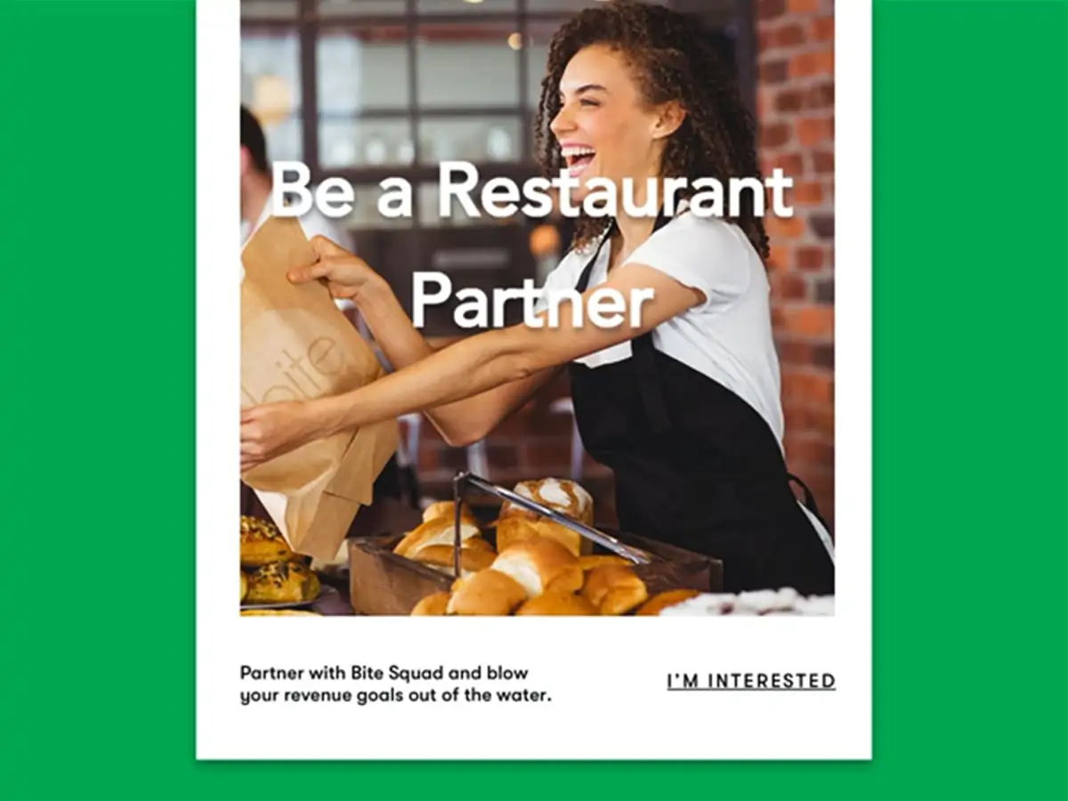 A screenshot of a Bite Squad ad that reaches out to restaurant owners calling for them to partner with Bite Squad.