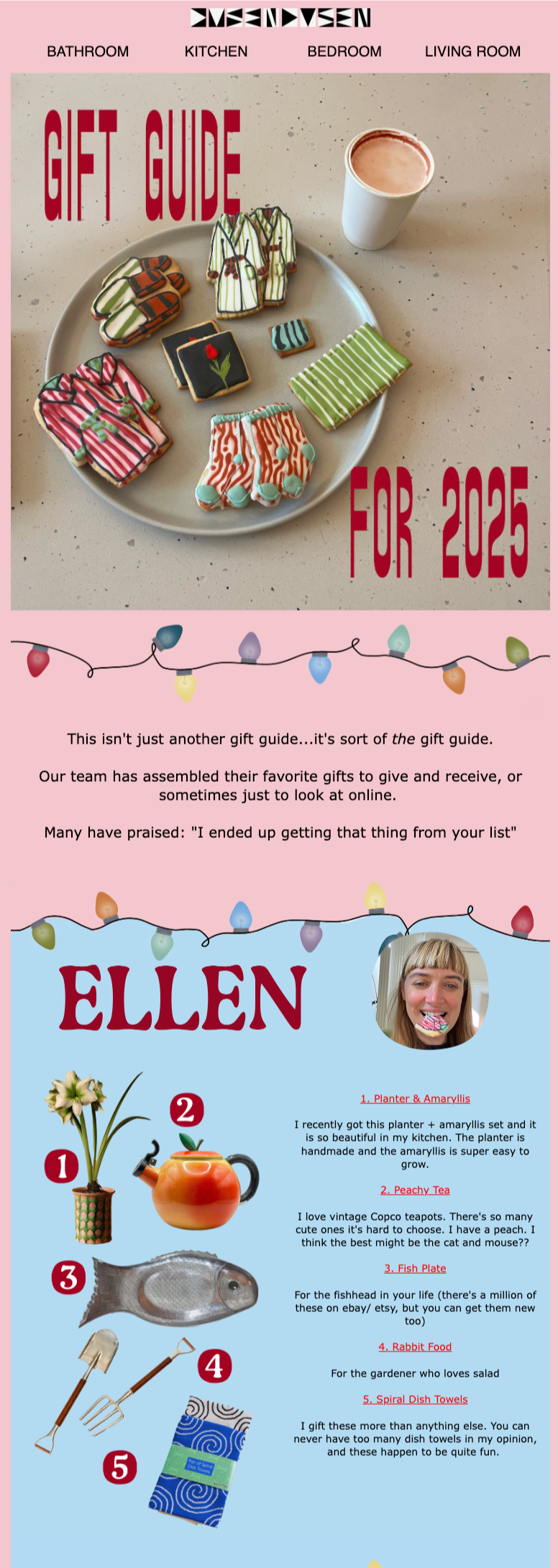 Dusen Dusen gift guide email newsletter example with staff picks and personalized product recommendations