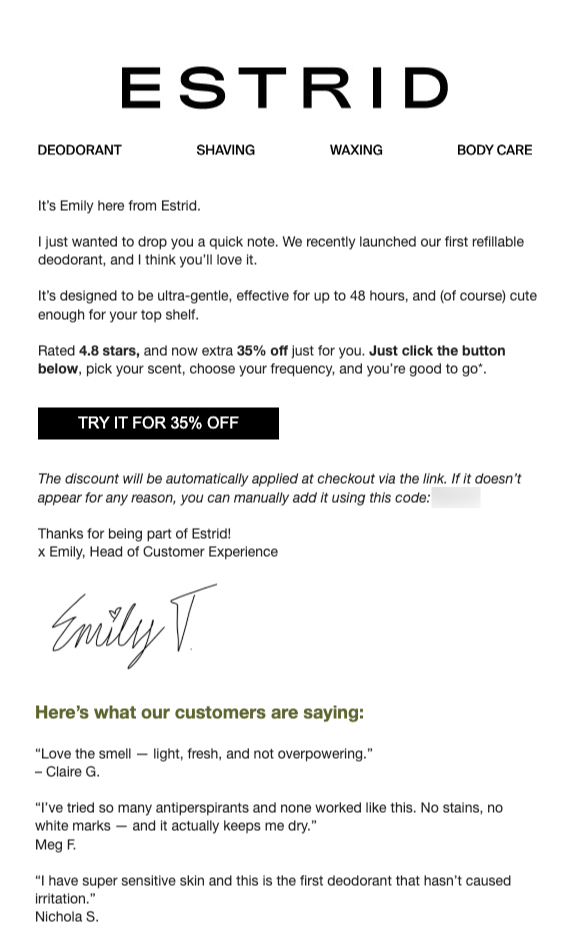 Estrid product launch email newsletter example featuring a plain-text-style letter from their Head of Customer Experience
