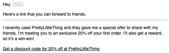 PrettyLittleThing Forward to a Friend Email Example