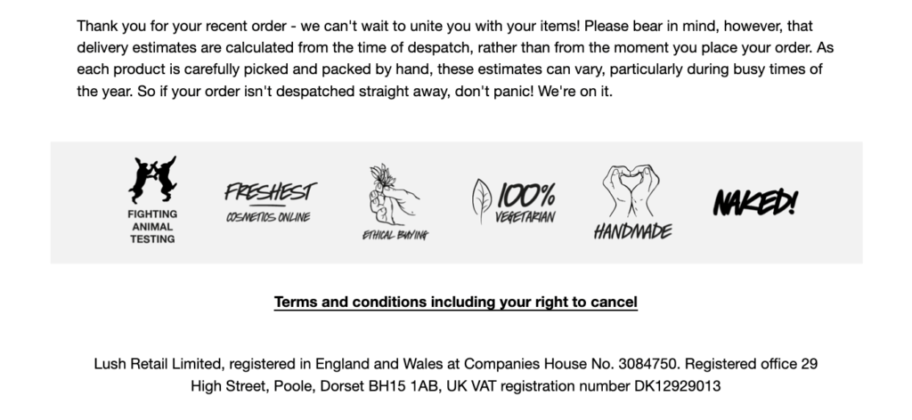 Lush order confirmation email footer with six brand value icons reinforcing ethical principles like animal welfare to confirm the buyer's decision