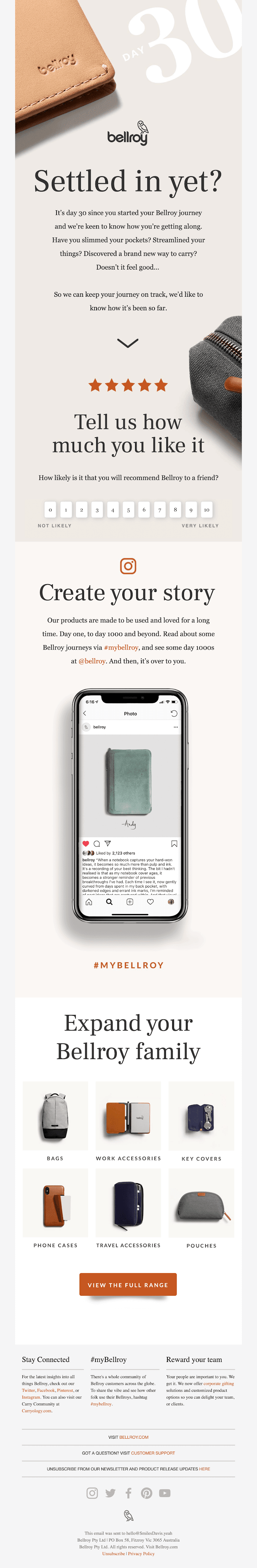 Bellroy's post purchase follow up email.