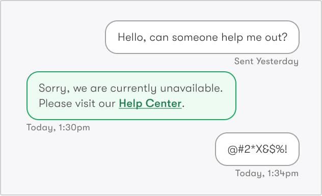 An illustration of a chat dialogue between a frustrated customer and an automated customer service response that provides a link to a Help Desk webpage. 